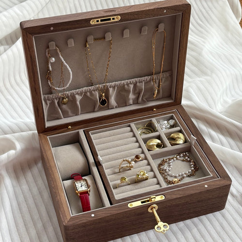 2 layer walnut jewelry box with lock
