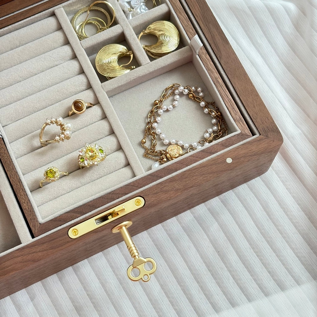 2 layer walnut jewelry box with lock